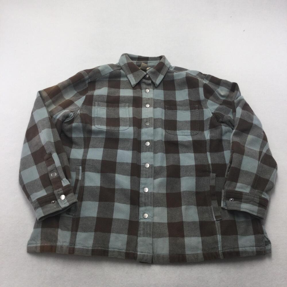 Duluth Trading Co Jacket Mens XL Blue Brown Plaid Quilted Flannel Snap Workwear
